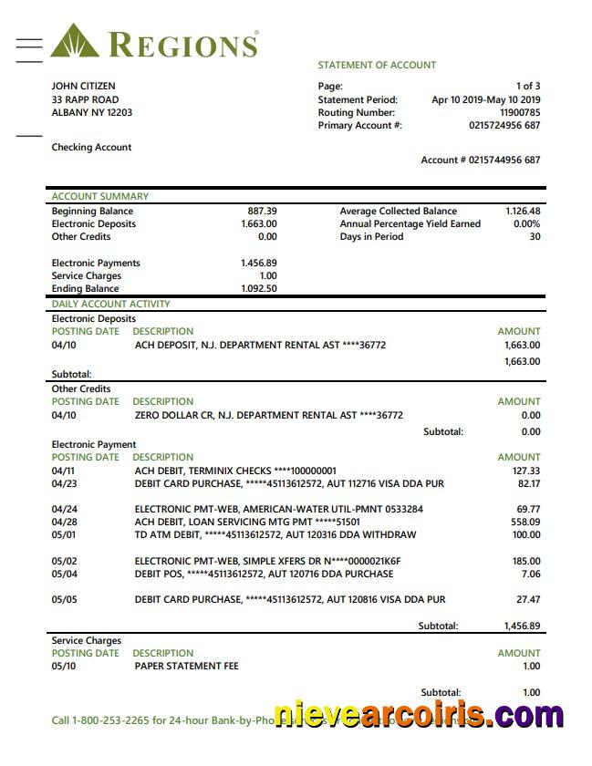 USA Regions bank proof of address statement in Word and PDF format